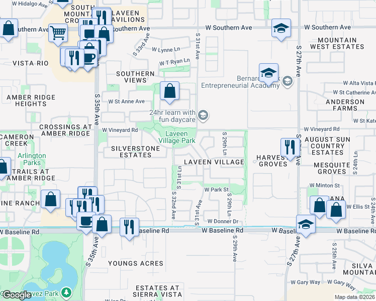 map of restaurants, bars, coffee shops, grocery stores, and more near 3146 West Vineyard Road in Phoenix