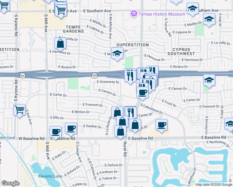 map of restaurants, bars, coffee shops, grocery stores, and more near 4423 South McAllister Avenue in Tempe