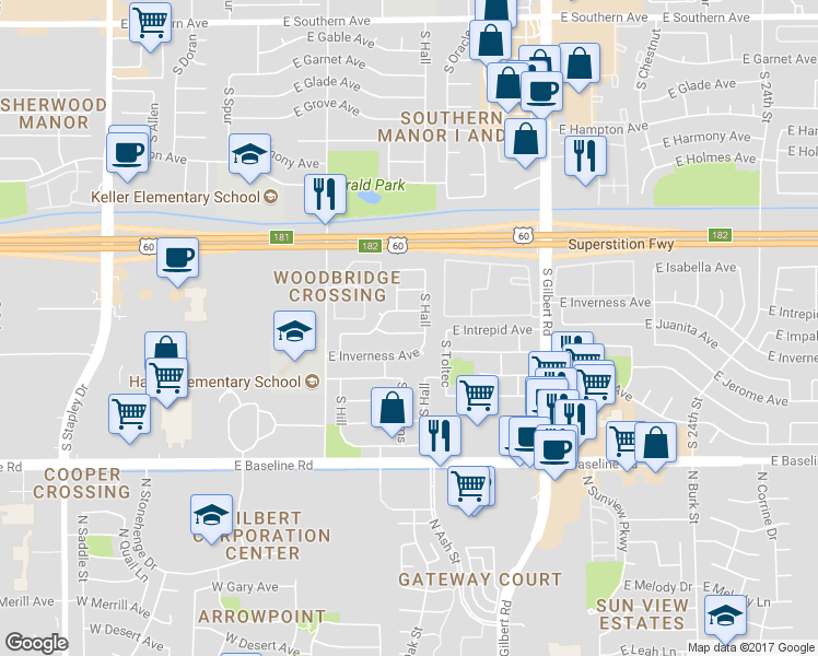 map of restaurants, bars, coffee shops, grocery stores, and more near 1742 East Intrepid Avenue in Mesa