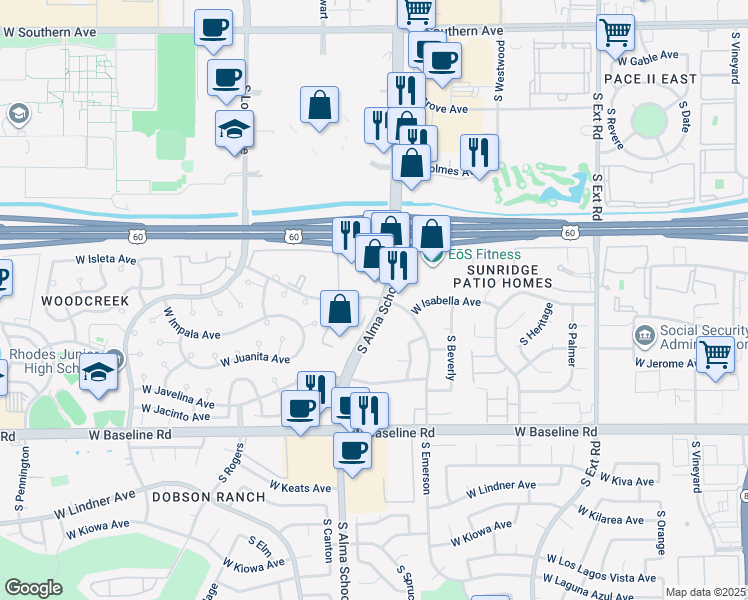 map of restaurants, bars, coffee shops, grocery stores, and more near 1710 South Alma School Road in Mesa