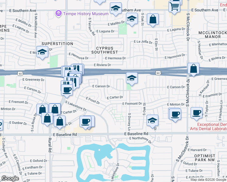 map of restaurants, bars, coffee shops, grocery stores, and more near 4430 South Stanley Place in Tempe