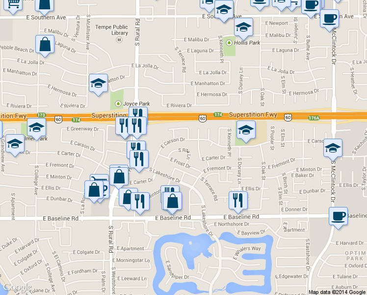 map of restaurants, bars, coffee shops, grocery stores, and more near 1066 East Carson Drive in Tempe