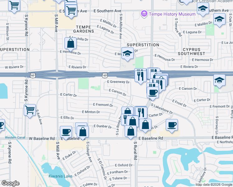 map of restaurants, bars, coffee shops, grocery stores, and more near 438 East Carson Drive in Tempe