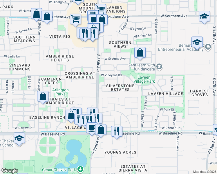 map of restaurants, bars, coffee shops, grocery stores, and more near 3421 West Glass Lane in Phoenix
