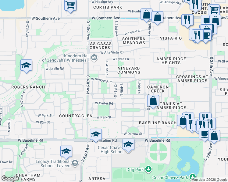 map of restaurants, bars, coffee shops, grocery stores, and more near 6807 South 41st Lane in Phoenix