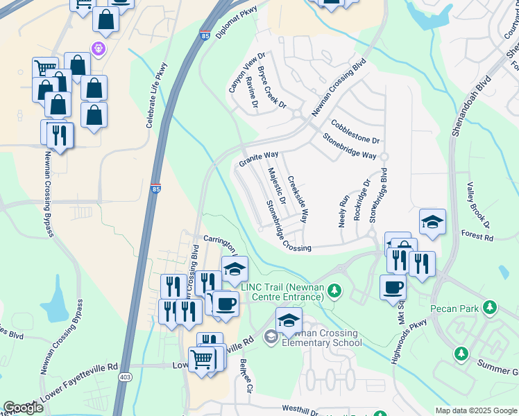 map of restaurants, bars, coffee shops, grocery stores, and more near 124 Granite Way in Newnan