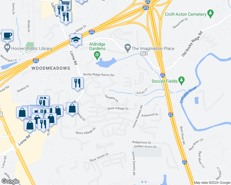map of restaurants, bars, coffee shops, grocery stores, and more near 804 Gardens Place in Hoover