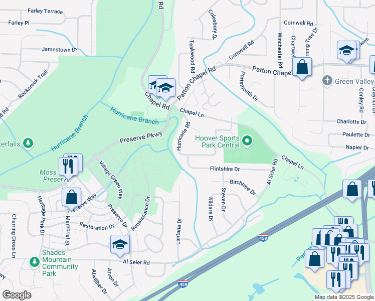 map of restaurants, bars, coffee shops, grocery stores, and more near 3401 Huntcliff Circle in Birmingham