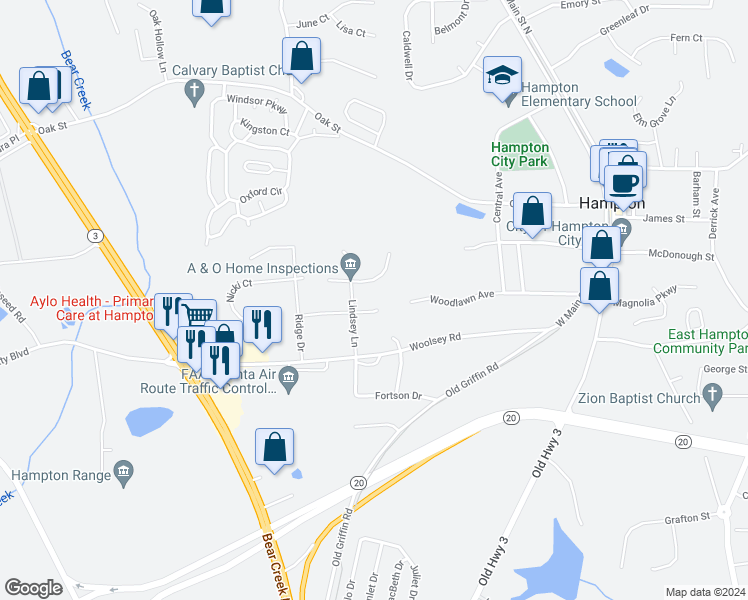 map of restaurants, bars, coffee shops, grocery stores, and more near 15 Jeriana Drive in Hampton