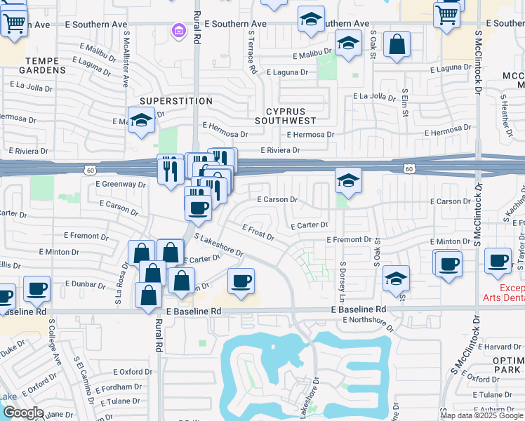 map of restaurants, bars, coffee shops, grocery stores, and more near 1066 East Carson Drive in Tempe
