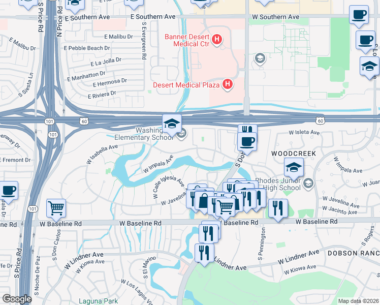 map of restaurants, bars, coffee shops, grocery stores, and more near 2146 West Isabella Avenue in Mesa