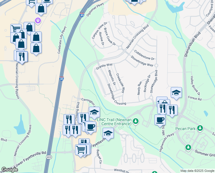 map of restaurants, bars, coffee shops, grocery stores, and more near 51 Majestic Drive in Newnan