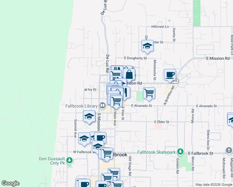 map of restaurants, bars, coffee shops, grocery stores, and more near 311 North Main Avenue in Fallbrook
