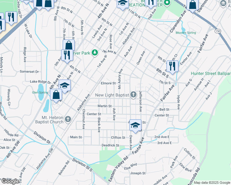 map of restaurants, bars, coffee shops, grocery stores, and more near 413 Ash Avenue in Bessemer