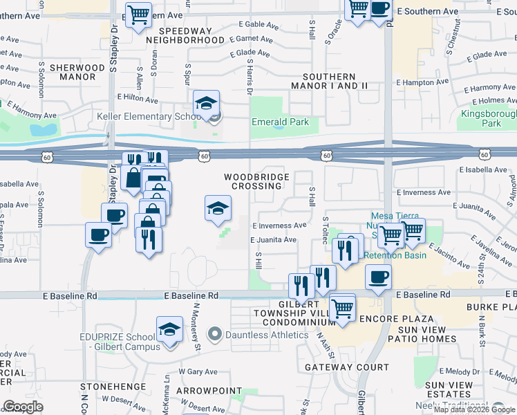map of restaurants, bars, coffee shops, grocery stores, and more near 14 South Trail End in Mesa