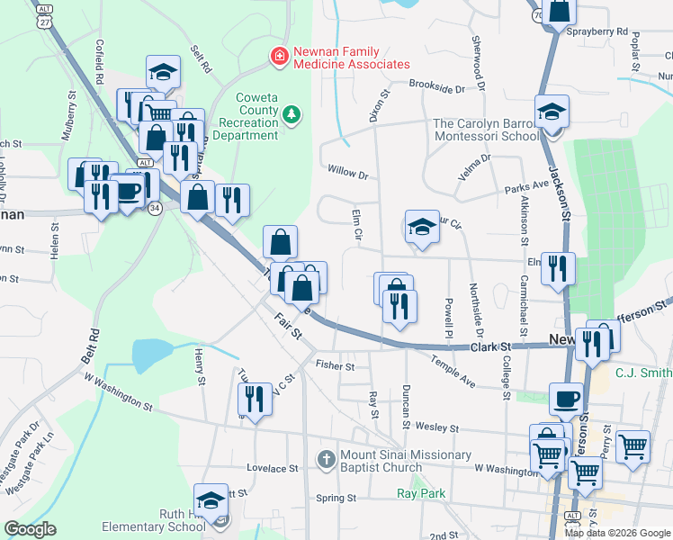 map of restaurants, bars, coffee shops, grocery stores, and more near 10 Forest Lane in Newnan