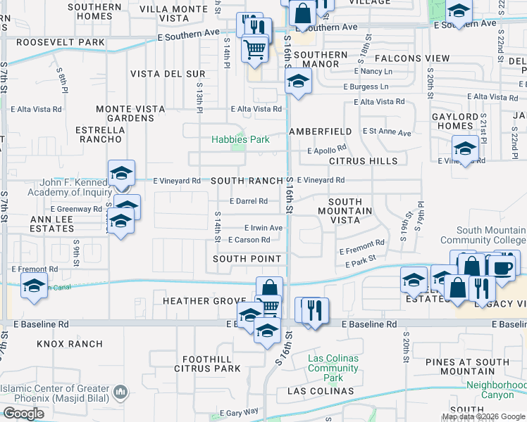 map of restaurants, bars, coffee shops, grocery stores, and more near 1506 East Darrel Road in Phoenix