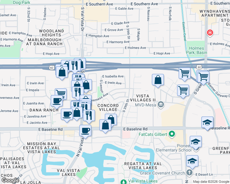 map of restaurants, bars, coffee shops, grocery stores, and more near 1731 South Gilmore Circle in Mesa