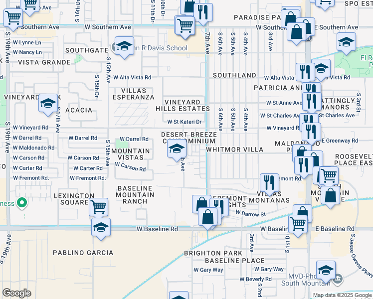 map of restaurants, bars, coffee shops, grocery stores, and more near 909 West Vineyard Road in Phoenix
