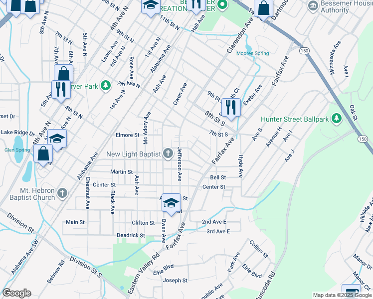 map of restaurants, bars, coffee shops, grocery stores, and more near 412 Bryant Street in Bessemer