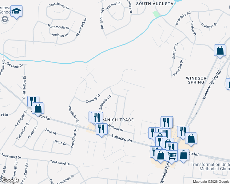 map of restaurants, bars, coffee shops, grocery stores, and more near 2644 Corning Street in Hephzibah