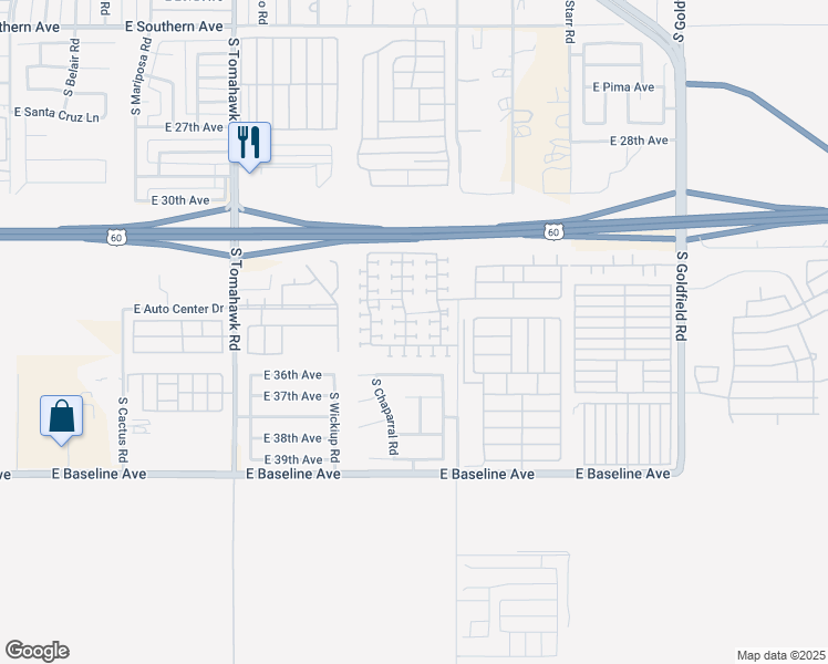map of restaurants, bars, coffee shops, grocery stores, and more near 3485 South Bowman Road in Apache Junction