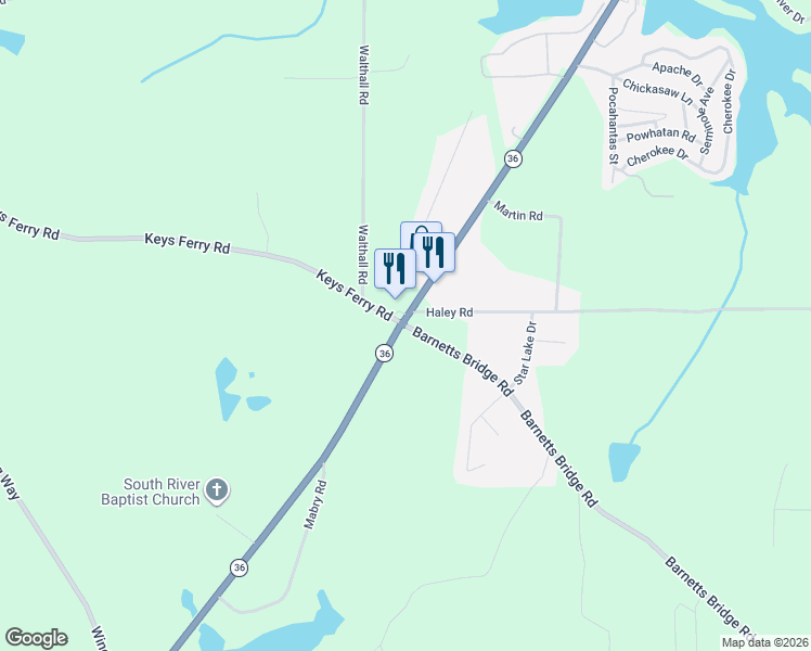 map of restaurants, bars, coffee shops, grocery stores, and more near 2390 Georgia 36 in Jackson
