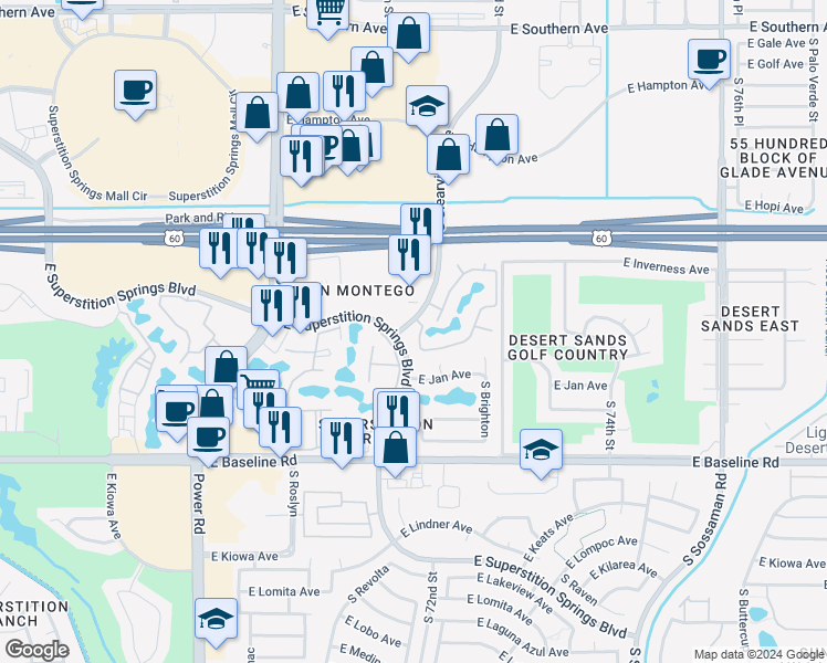 map of restaurants, bars, coffee shops, grocery stores, and more near 1746 South Clearview Avenue in Mesa