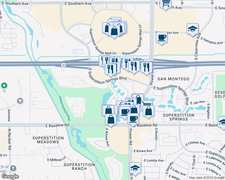 map of restaurants, bars, coffee shops, grocery stores, and more near 6535 East Superstition Springs Boulevard in Mesa