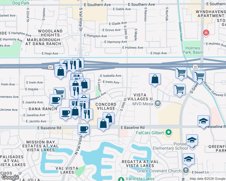 map of restaurants, bars, coffee shops, grocery stores, and more near 1731 South Gilmore Circle in Mesa