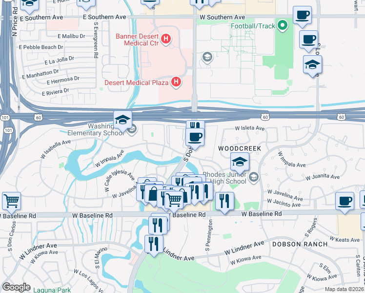 map of restaurants, bars, coffee shops, grocery stores, and more near 1844 South Dobson Road in Mesa