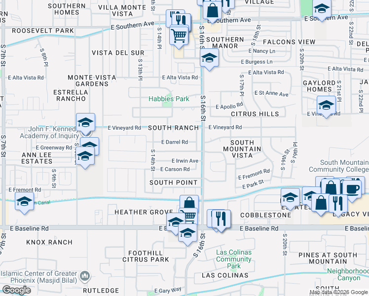 map of restaurants, bars, coffee shops, grocery stores, and more near 1506 East Darrel Road in Phoenix