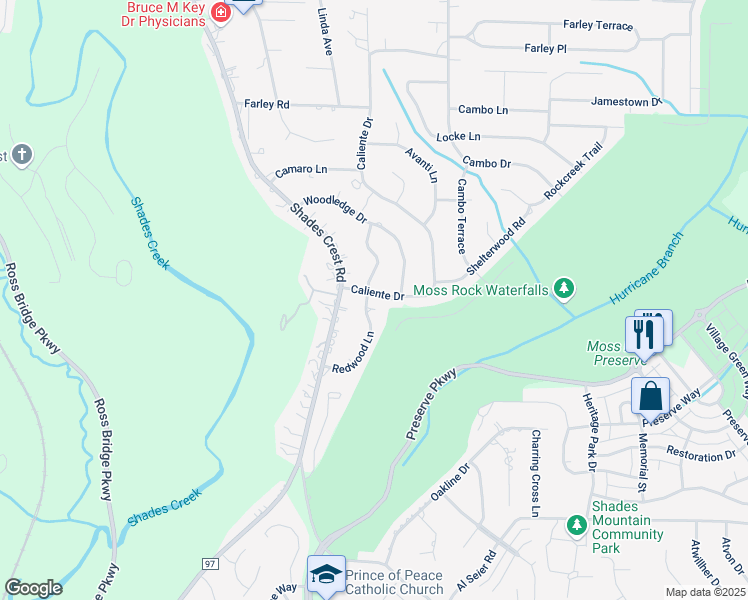 map of restaurants, bars, coffee shops, grocery stores, and more near 112 Caliente Drive in Hoover