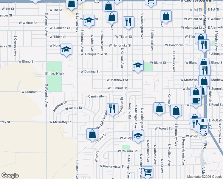 map of restaurants, bars, coffee shops, grocery stores, and more near 1007 West Summit Street in Roswell