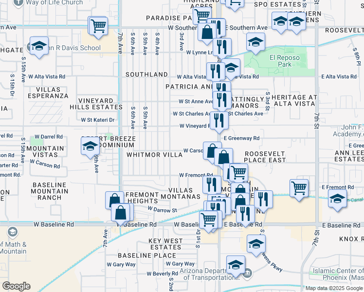 map of restaurants, bars, coffee shops, grocery stores, and more near 232 West Carson Road in Phoenix