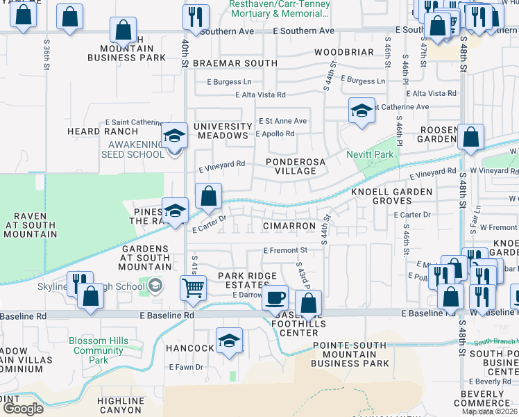 map of restaurants, bars, coffee shops, grocery stores, and more near 4137 East Maldonado Road in Phoenix