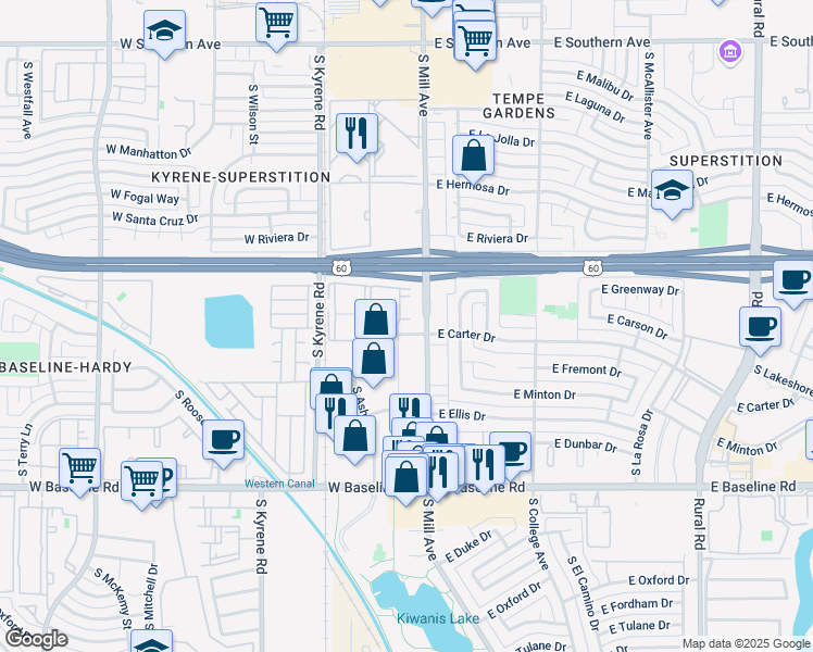 map of restaurants, bars, coffee shops, grocery stores, and more near 30 West Carter Drive in Tempe