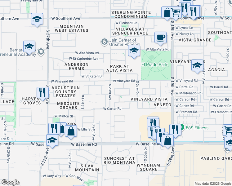 map of restaurants, bars, coffee shops, grocery stores, and more near 2217 West Darrel Road in Phoenix