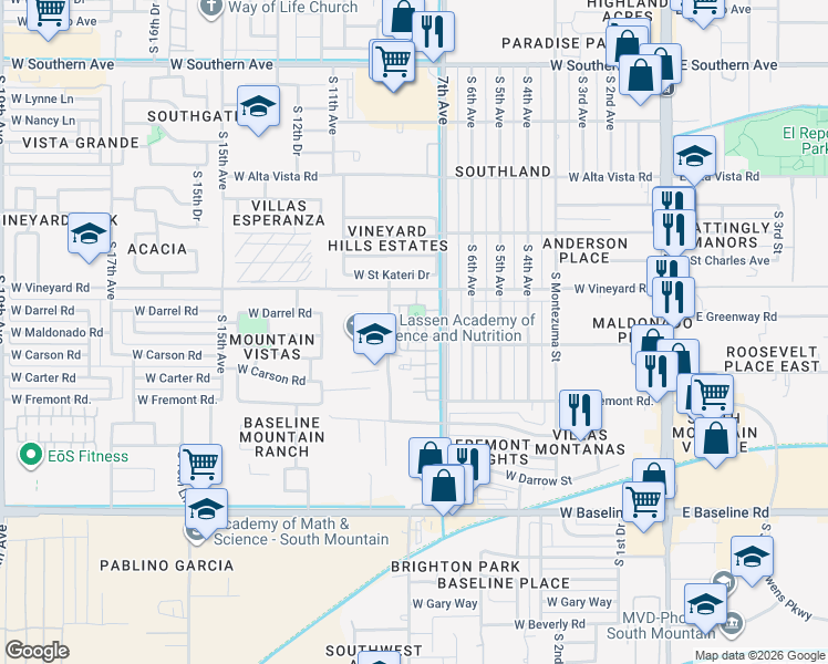 map of restaurants, bars, coffee shops, grocery stores, and more near 6911 South 8th Drive in Phoenix