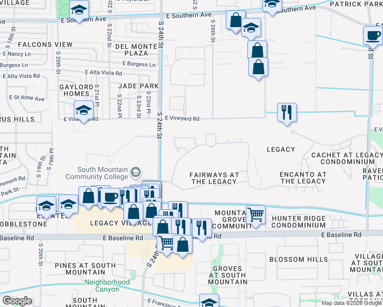 map of restaurants, bars, coffee shops, grocery stores, and more near 2445 East Darrel Road in Phoenix