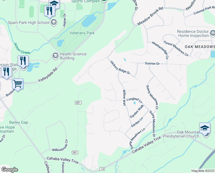 map of restaurants, bars, coffee shops, grocery stores, and more near 3215 Mountain Ridge Circle in Birmingham
