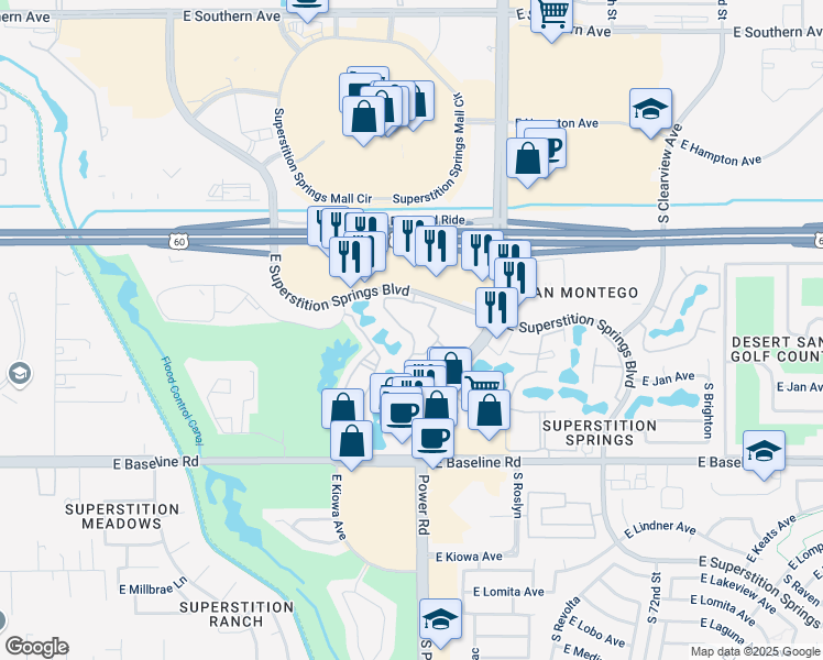 map of restaurants, bars, coffee shops, grocery stores, and more near 6745 East Superstition Springs Boulevard in Mesa