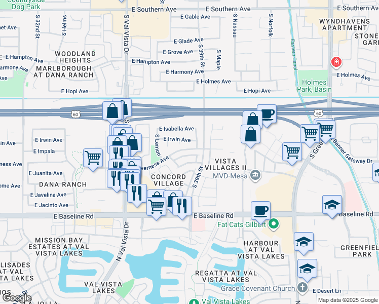 map of restaurants, bars, coffee shops, grocery stores, and more near 3831 East Irwin Avenue in Mesa