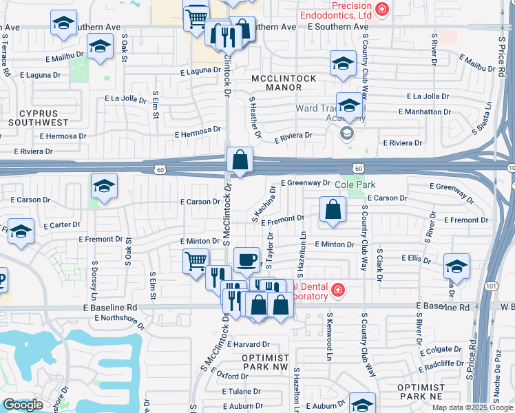 map of restaurants, bars, coffee shops, grocery stores, and more near 4525 South McClintock Drive in Tempe