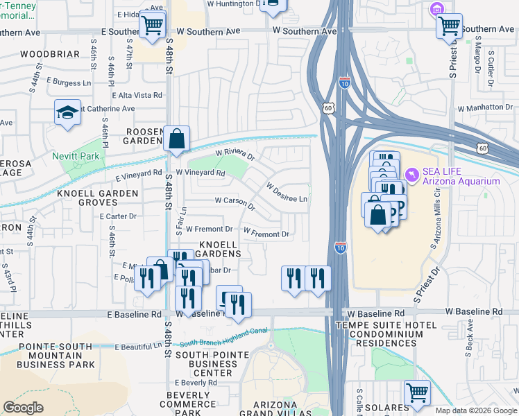map of restaurants, bars, coffee shops, grocery stores, and more near 2400 West Carson Drive in Tempe