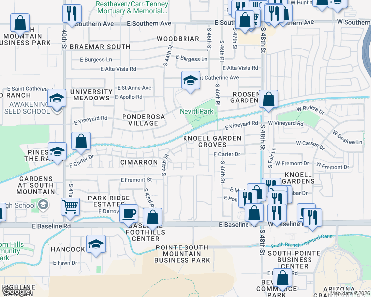 map of restaurants, bars, coffee shops, grocery stores, and more near 4430 East Vineyard Road in Phoenix
