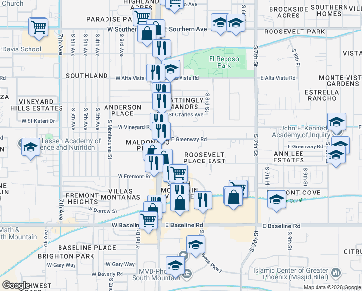 map of restaurants, bars, coffee shops, grocery stores, and more near 52 East Greenway Road in Phoenix
