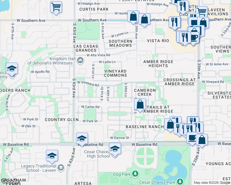 map of restaurants, bars, coffee shops, grocery stores, and more near 3949 West Vineyard Road in Phoenix