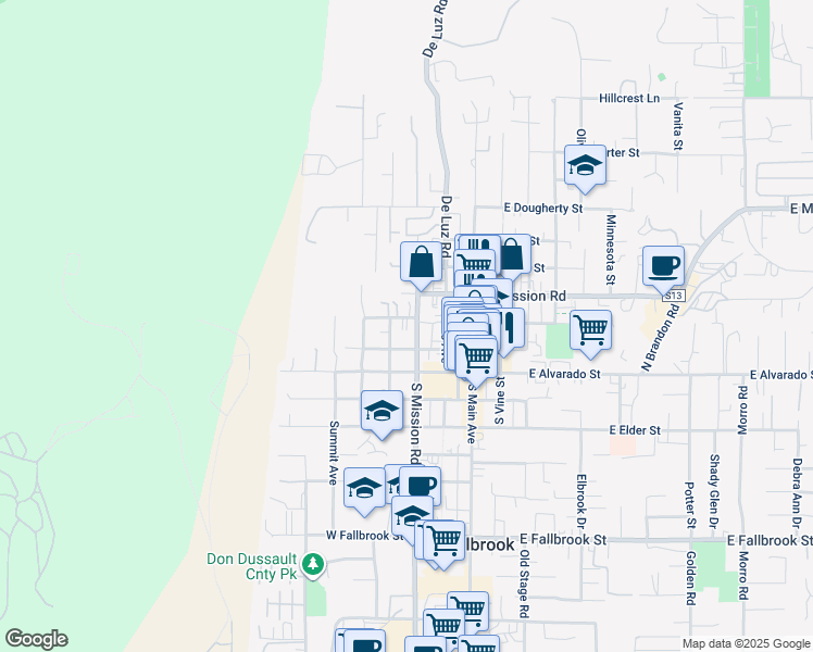 map of restaurants, bars, coffee shops, grocery stores, and more near 315 North Mission Road in Fallbrook