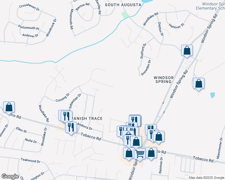 map of restaurants, bars, coffee shops, grocery stores, and more near 2726 Cardigan Court in Hephzibah
